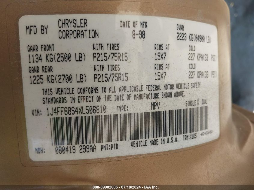 1999 Jeep Cherokee Classic/Sport VIN: 1J4FF68S4XL506810 Lot: 39902685