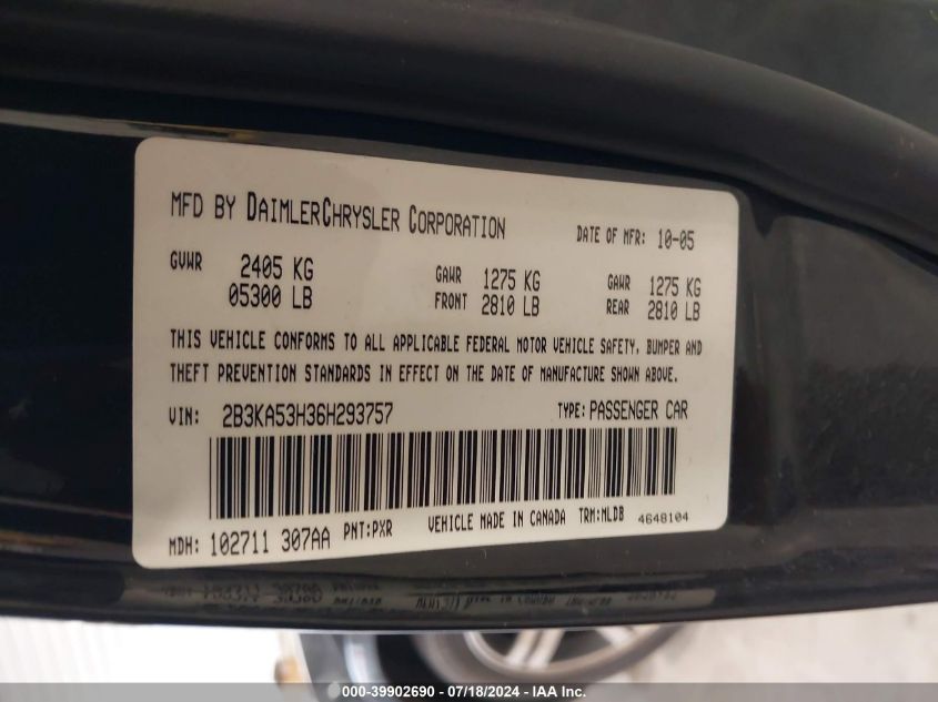 2006 Dodge Charger Rt VIN: 2B3KA53H36H293757 Lot: 39902690