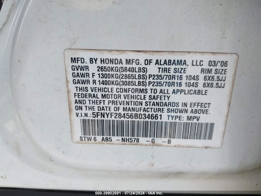 2006 Honda Pilot Ex VIN: 5FNYF28456B034661 Lot: 39902691