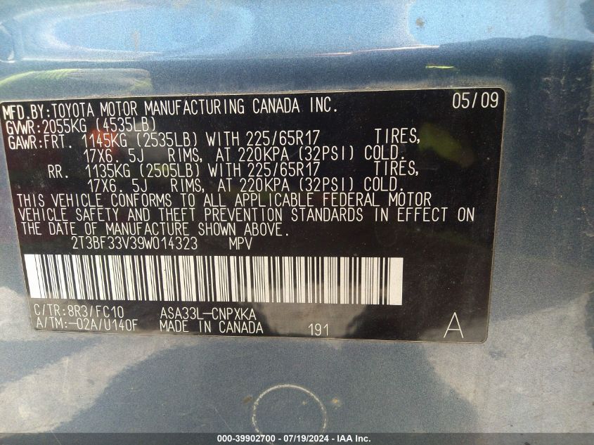 2009 Toyota Rav4 VIN: 2T3BF33V39W014323 Lot: 39902700