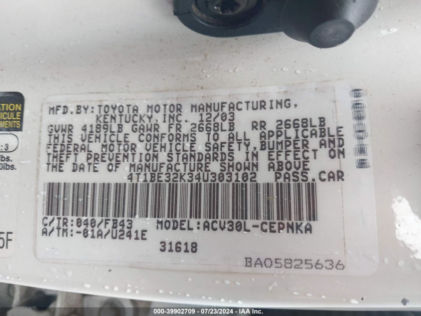 2004 Toyota Camry Le/Xle/Se VIN: 4T1BE32K34U303102 Lot: 39902709