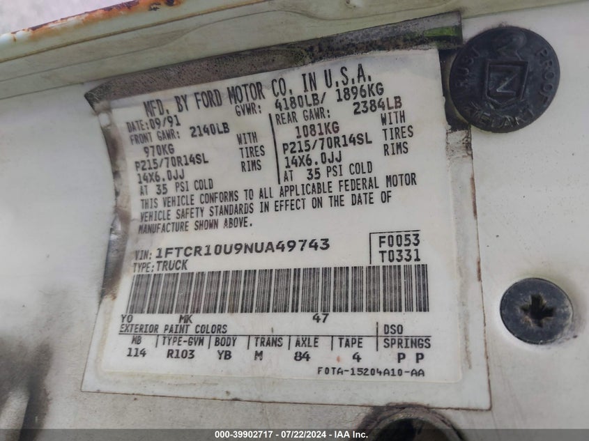 1992 Ford Ranger VIN: 1FTCR10U9NUA49743 Lot: 39902717