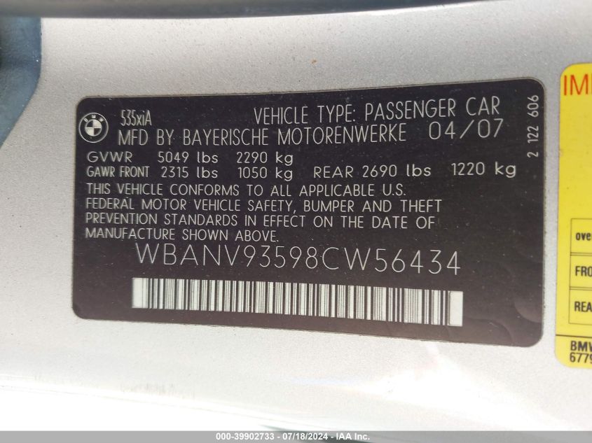 2008 BMW 535 Xi VIN: WBANV93598CW56434 Lot: 39902733