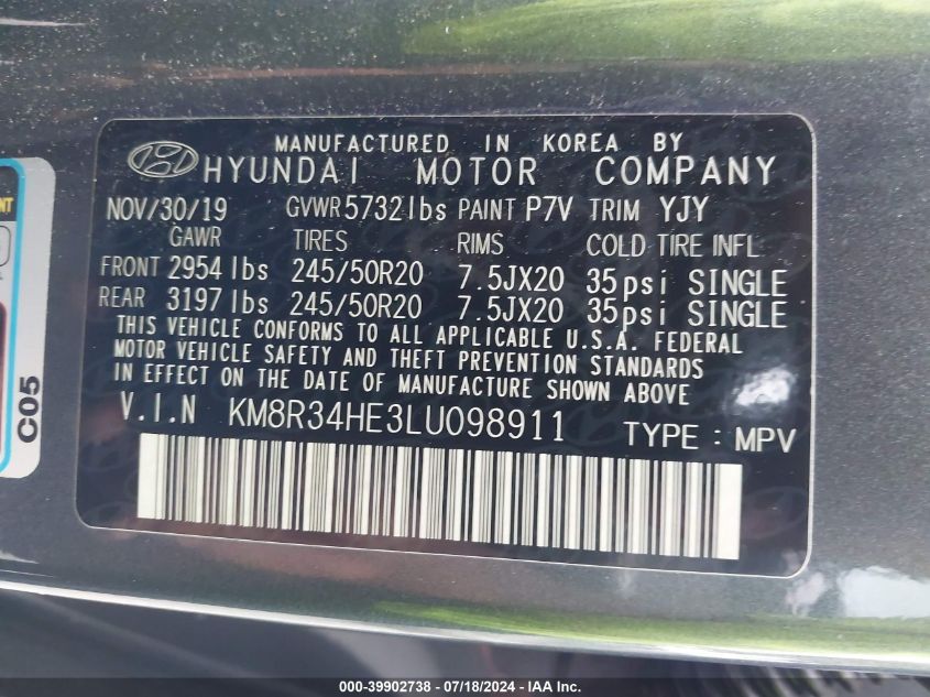 2020 Hyundai Palisade Sel VIN: KM8R34HE3LU098911 Lot: 39902738