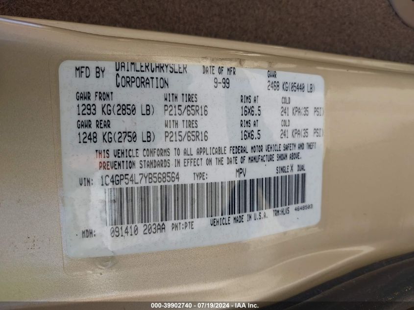 2000 Chrysler Town & Country Lxi VIN: 1C4GP54L7YB568564 Lot: 39902740