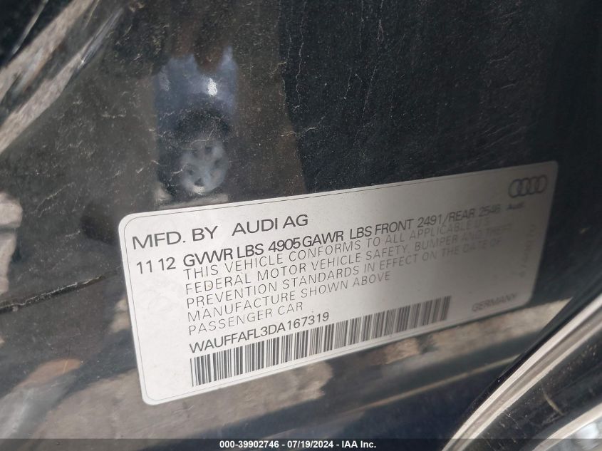 2013 Audi A4 2.0T Premium VIN: WAUFFAFL3DA167319 Lot: 39902746