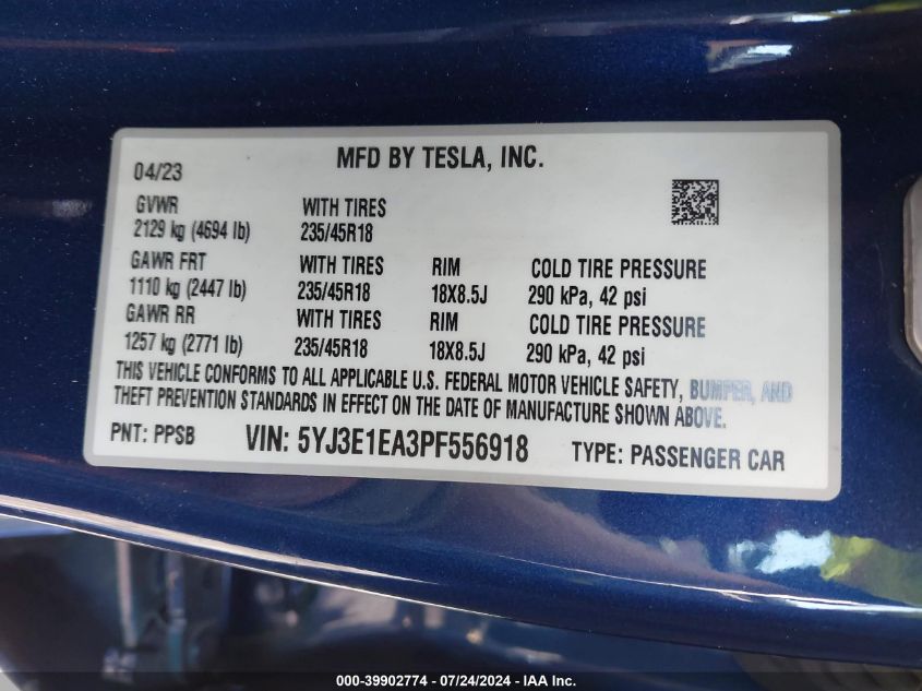 2023 Tesla Model 3 Rear-Wheel Drive VIN: 5YJ3E1EA3PF556918 Lot: 39902774