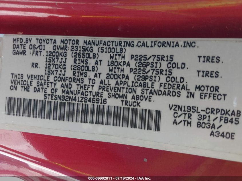 2001 Toyota Tacoma Prerunner V6 VIN: 5TESN92N41Z846916 Lot: 39902811