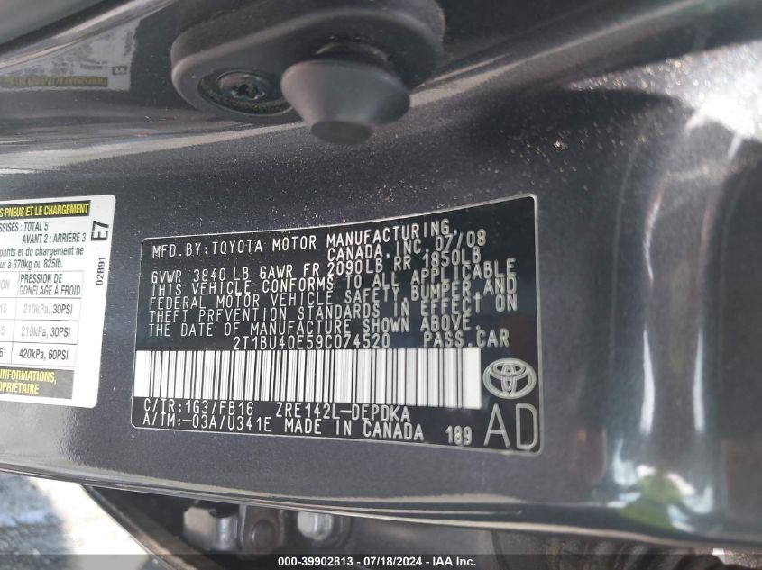 2009 Toyota Corolla Le VIN: 2T1BU40E59C074520 Lot: 39902813