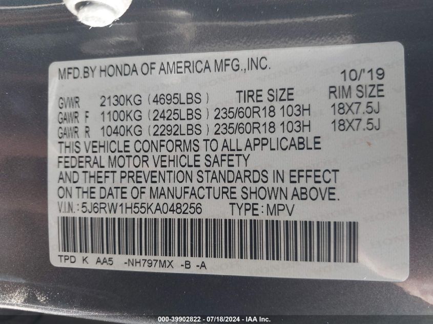 2019 Honda Cr-V Ex VIN: 5J6RW1H55KA048256 Lot: 39902822