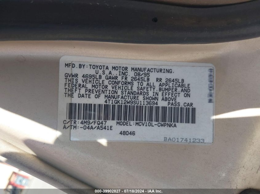 1995 Toyota Camry Le VIN: 4T1GK12W9SU113694 Lot: 39902827