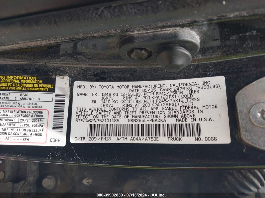 2005 Toyota Tacoma Prerunner V6 VIN: 5TEJU62N25Z101486 Lot: 39902839