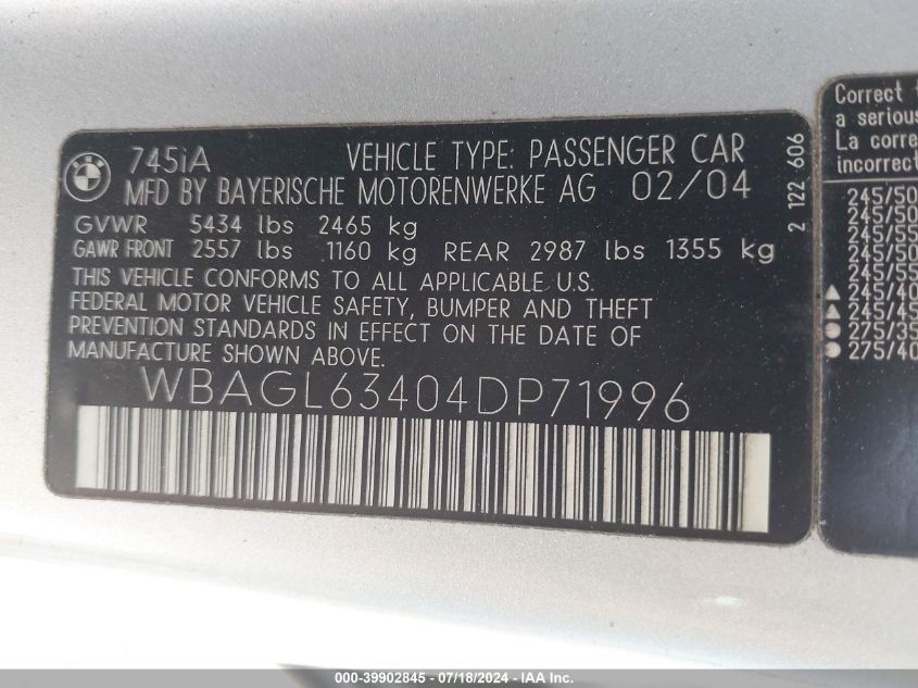 2004 BMW 745 I VIN: WBAGL63404DP71996 Lot: 39902845