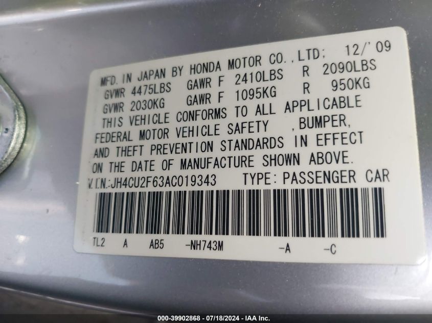 2010 Acura Tsx 2.4 VIN: JH4CU2F63AC019343 Lot: 39902868