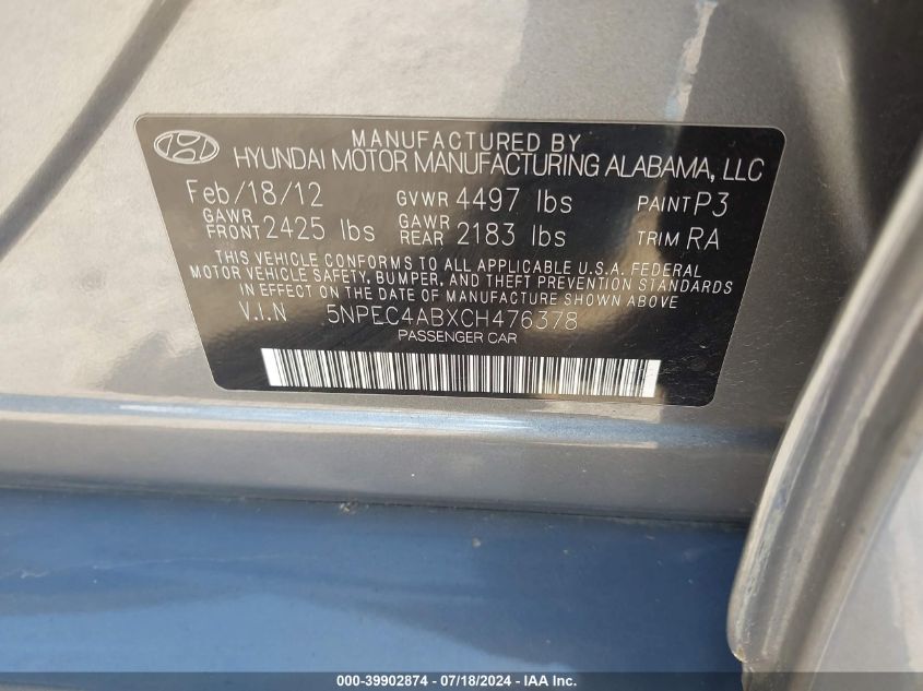 2012 Hyundai Sonata Limited 2.0T VIN: 5NPEC4ABXCH476378 Lot: 39902874