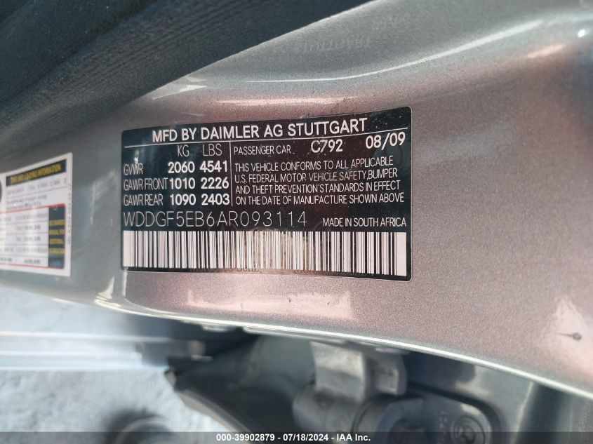 2010 Mercedes-Benz C 300 300 VIN: WDDGF5EB6AR093114 Lot: 39902879