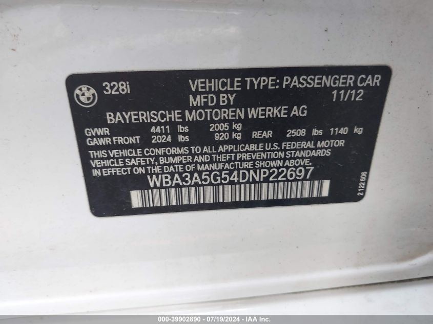 WBA3A5G54DNP22697 2013 BMW 328I