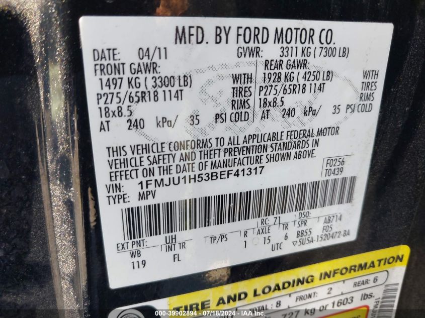 2011 Ford Expedition Xlt VIN: 1FMJU1H53BEF41317 Lot: 39902894