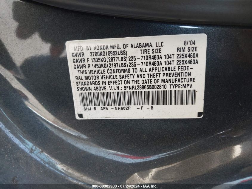 2005 Honda Odyssey Touring VIN: 5FNRL38865B002810 Lot: 39902900