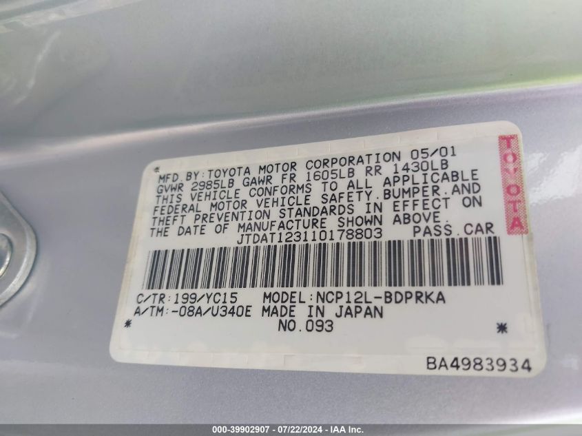 2001 Toyota Echo VIN: JTDAT123110178803 Lot: 39902907