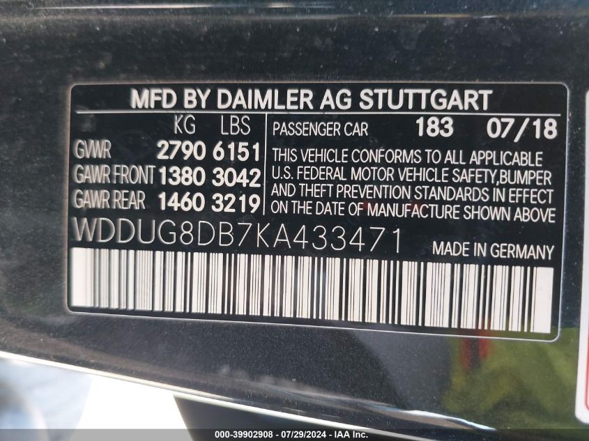 2019 Mercedes-Benz S 560 560 VIN: WDDUG8DB7KA433471 Lot: 39902908