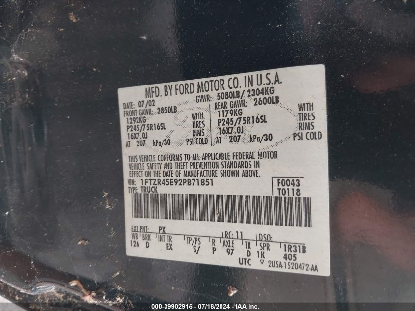 2002 Ford Ranger Edge/Tremor/Xl/Xlt VIN: 1FTZR14V92PB71851 Lot: 39902915