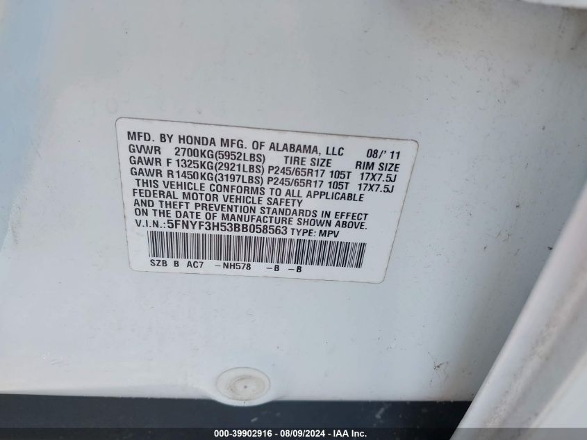 2011 Honda Pilot Ex-L VIN: 5FNYF3H53BB058563 Lot: 39902916