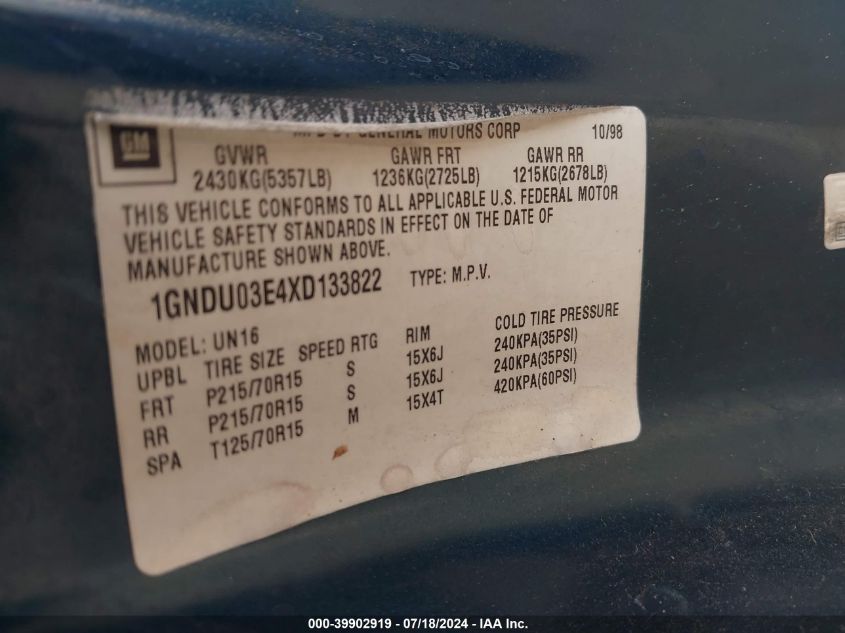 1999 Chevrolet Venture VIN: 1GNDU03E4XD133822 Lot: 39902919