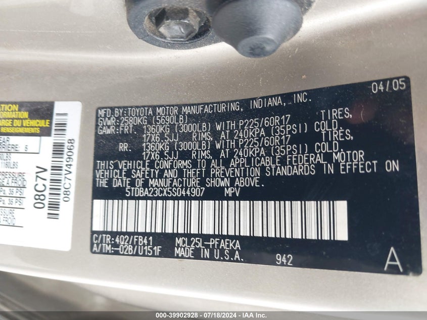 2005 Toyota Sienna Le VIN: 5TDBA23CX5S044907 Lot: 39902928