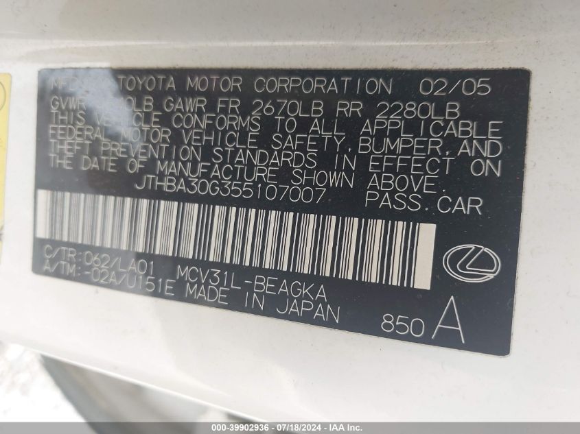 2005 Lexus Es 330 VIN: JTHBA30G355107007 Lot: 39902936