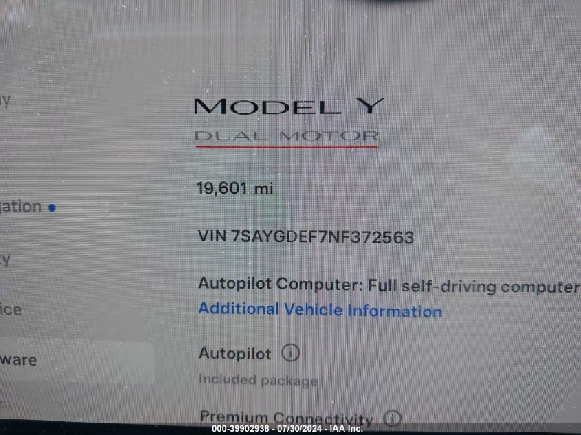 2022 Tesla Model Y Performance Dual Motor All-Wheel Drive VIN: 7SAYGDEF7NF372563 Lot: 39902938