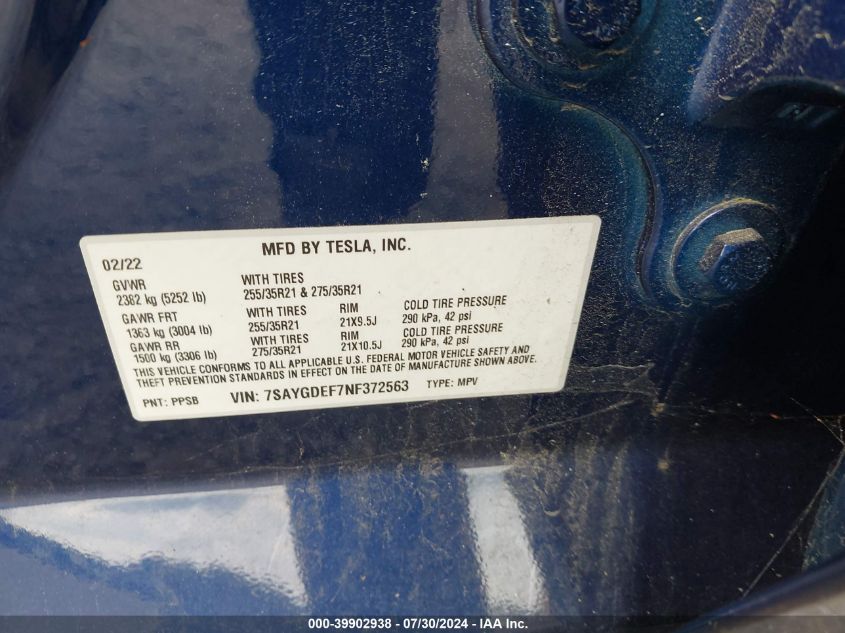 2022 Tesla Model Y Performance Dual Motor All-Wheel Drive VIN: 7SAYGDEF7NF372563 Lot: 39902938