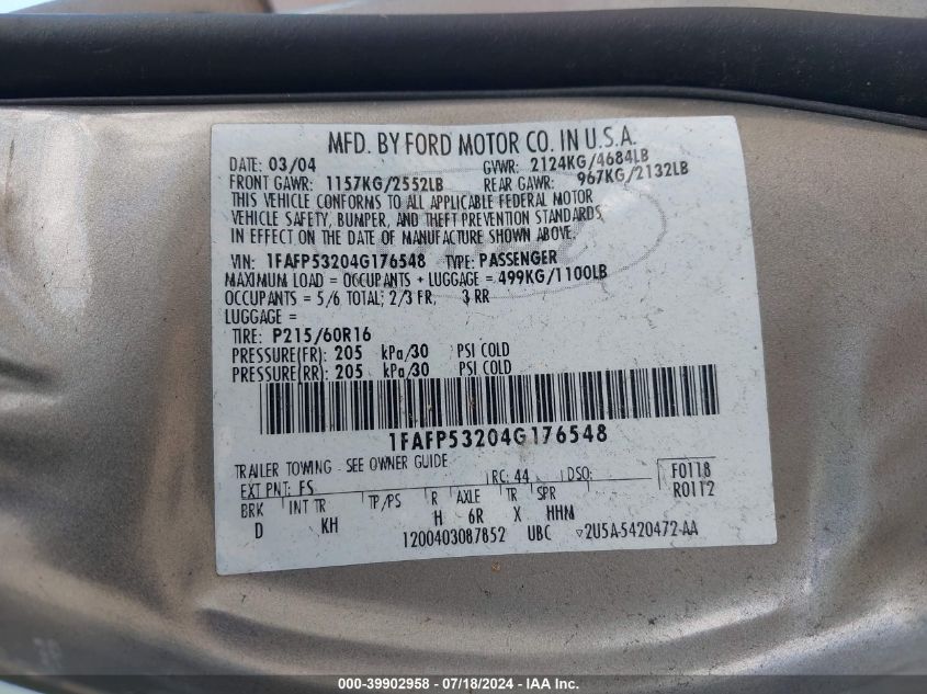 2004 Ford Taurus Se VIN: 1FAFP53204G176548 Lot: 39902958