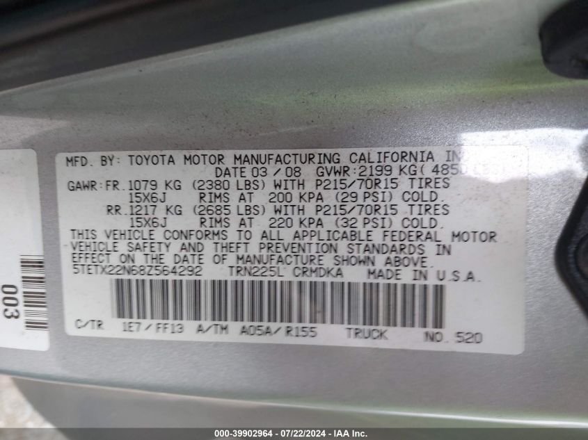 2008 Toyota Tacoma VIN: 5TETX22N68Z564292 Lot: 39902964