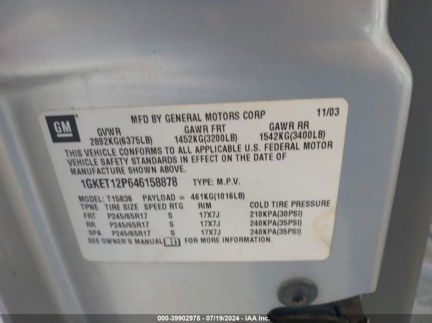 2004 GMC Envoy Xuv Slt VIN: 1GKET12P646158878 Lot: 39902975