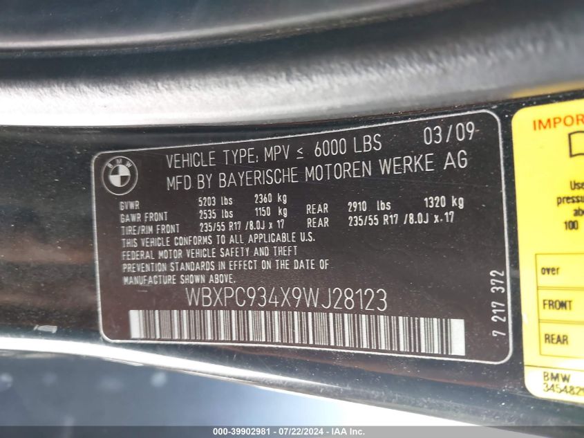 2009 BMW X3 xDrive30I VIN: WBXPC934X9WJ28123 Lot: 39902981