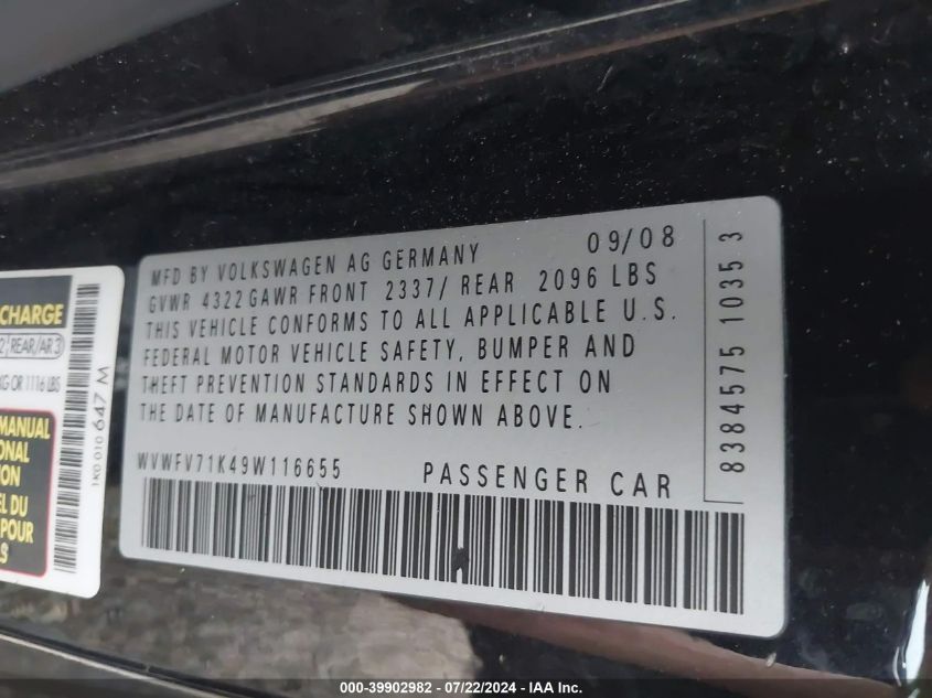 2009 Volkswagen Gti 2-Door VIN: WVWFV71K49W116655 Lot: 39902982