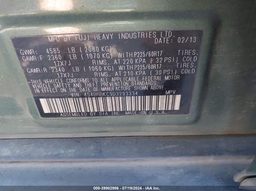 2013 Subaru Outback 2.5I Limited VIN: 4S4BRBKC9D3293334 Lot: 39902986