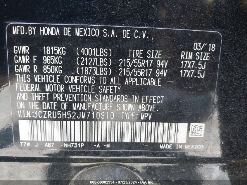 2018 Honda Hr-V Ex VIN: 3CZRU5H52JM710910 Lot: 39902994