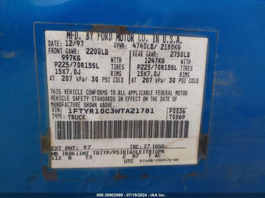 1998 Ford Ranger Splash/Xl/Xlt VIN: 1FTYR10C3WTA21781 Lot: 39902999