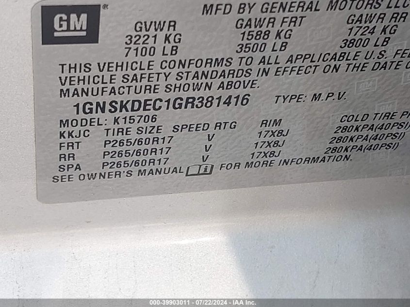 2016 Chevrolet Tahoe Commercial Fleet VIN: 1GNSKDEC1G381416 Lot: 39903011