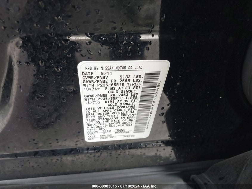 2012 Nissan Murano S/Sl/Le VIN: JN8AZ1MU5CW101554 Lot: 39903015