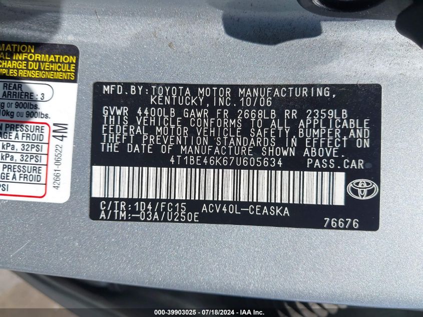 4T1BE46K67U605634 2007 Toyota Camry Se