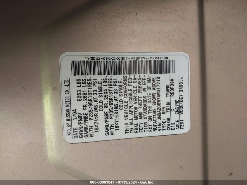 2004 Nissan Murano Se VIN: JN8AZ08W74W317218 Lot: 39903047