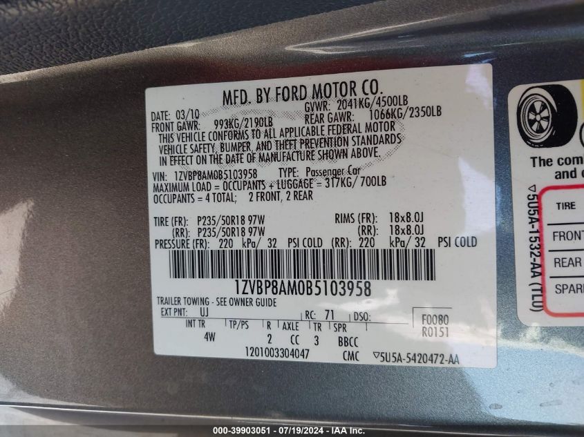 2011 Ford Mustang V6 Premium VIN: 1ZVBP8AM0B5103958 Lot: 39903051