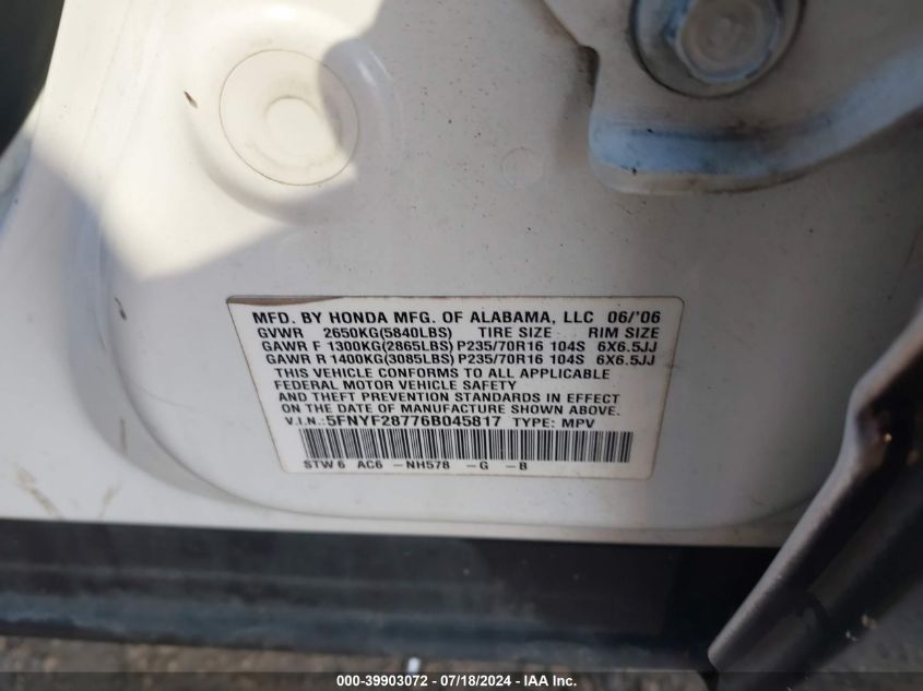 2006 Honda Pilot Ex-L VIN: 5FNYF28776B045817 Lot: 39903072