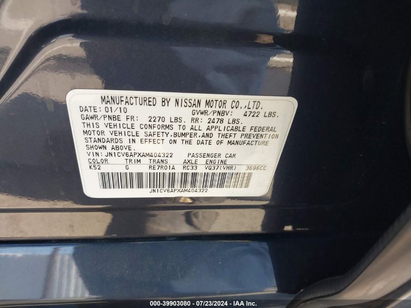 2010 Infiniti G37 Journey VIN: JN1CV6APXAM404322 Lot: 39903080