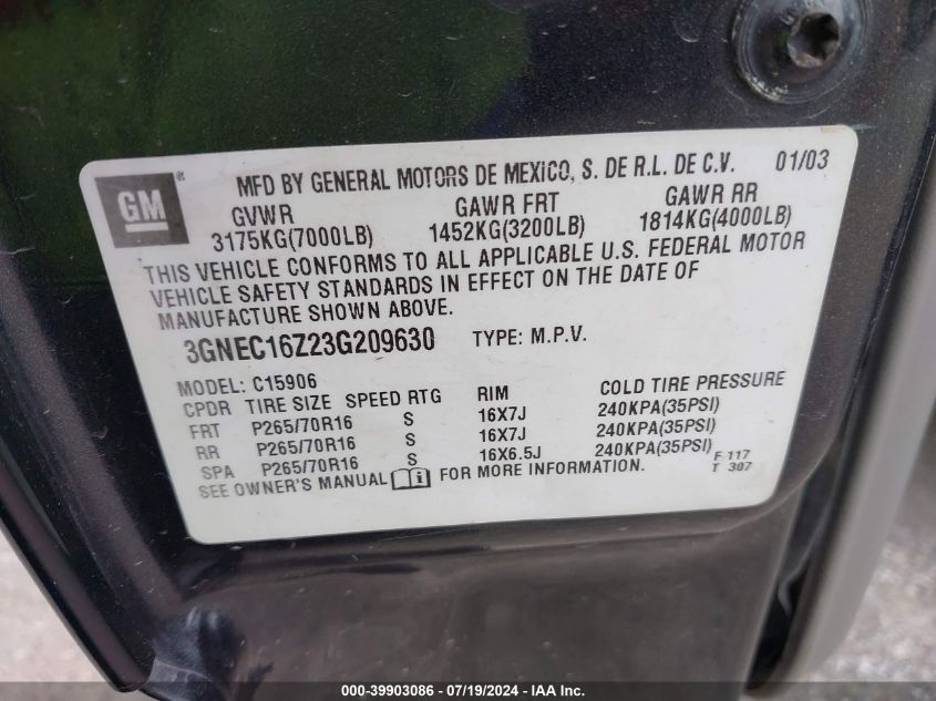 2003 Chevrolet Suburban 1500 Lt VIN: 3GNEC16Z23G209630 Lot: 39903086