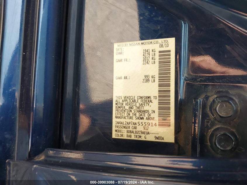 2010 Nissan Altima S VIN: 1N4AL2AP7AN555914 Lot: 39903088