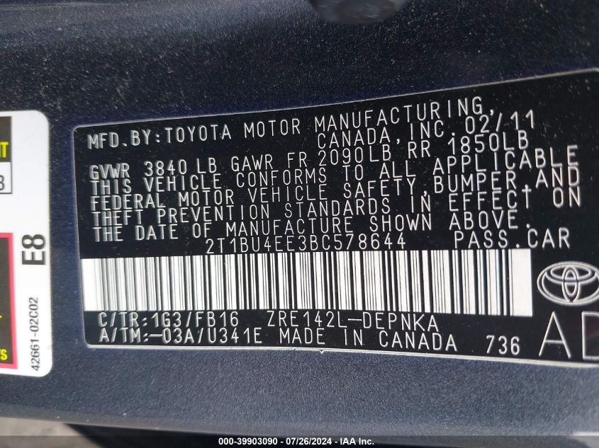 2011 Toyota Corolla Le VIN: 2T1BU4EE3BC578644 Lot: 39903090